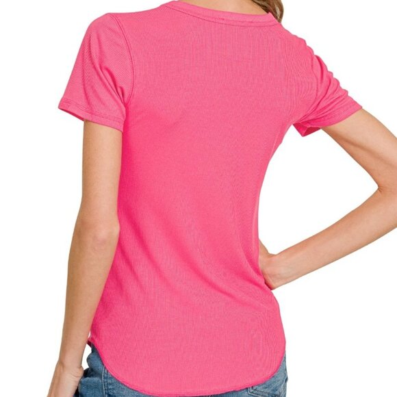 NWT Zenana Ribbed Curved Hem Round-Neck Tee - Picture 2 of 4